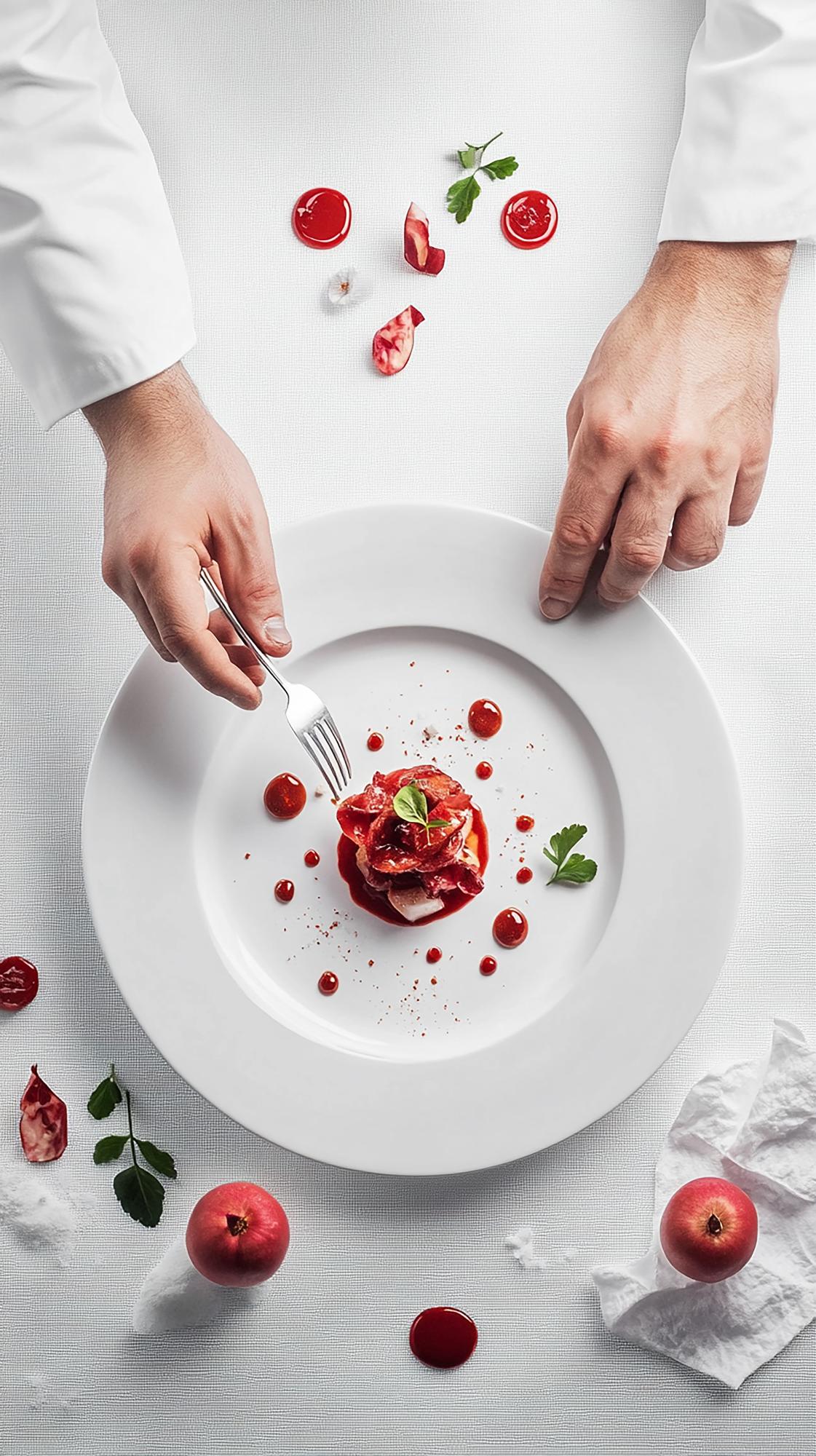 Chef che prepara una composizione elegante in cucina professionale