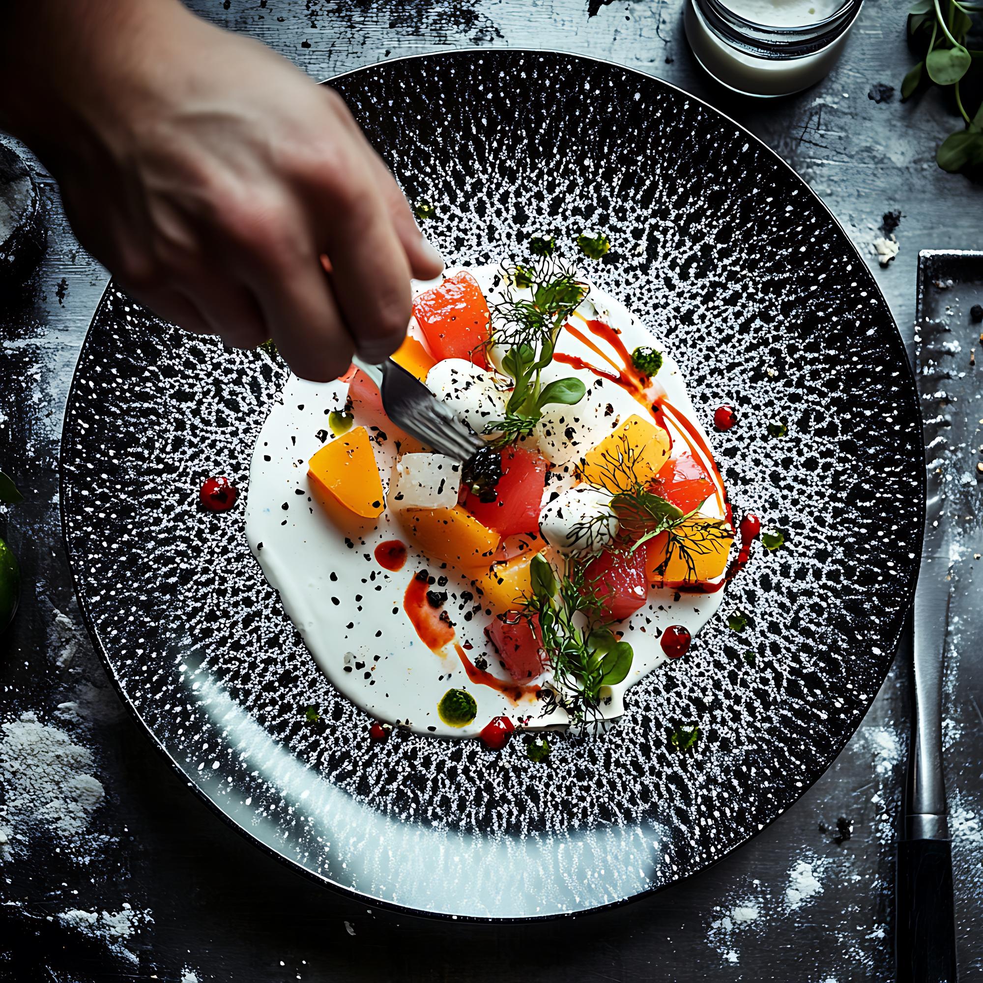 Chef che impiatta un piatto moderno con elementi decorativi